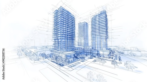 Architectural Sketch of Modern Office Buildings with Trees
