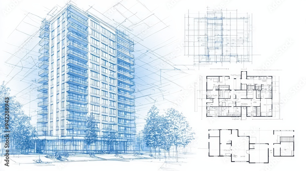 Fototapeta Apartment Building Blueprint Sketch Architecture Design