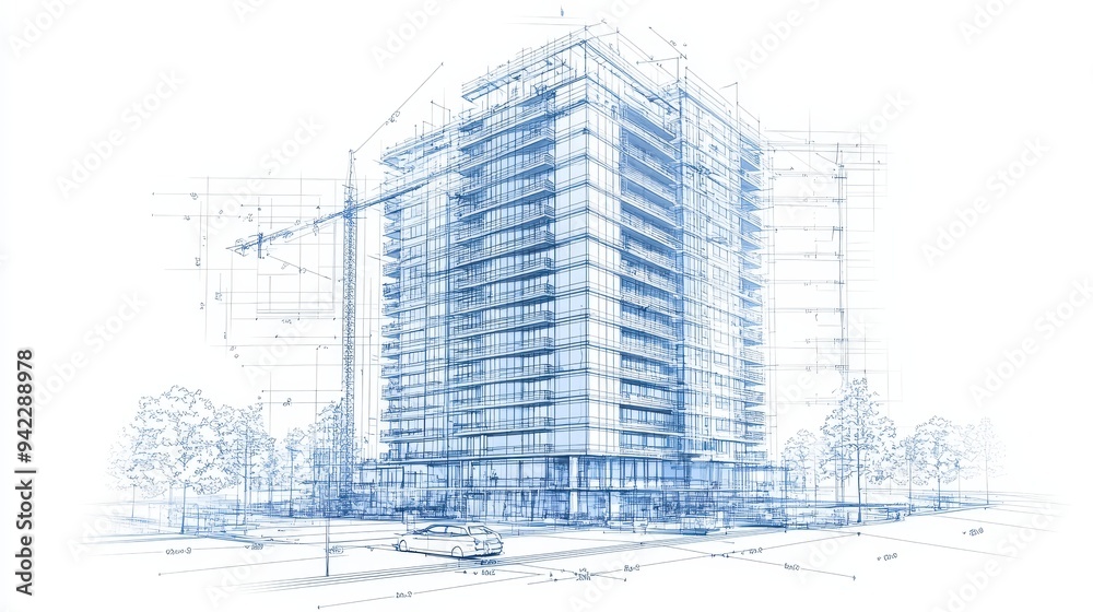 Architectural Blueprint of Modern Building with Crane Car and Trees Architectural Blueprint of Modern Building with Crane Car and Trees