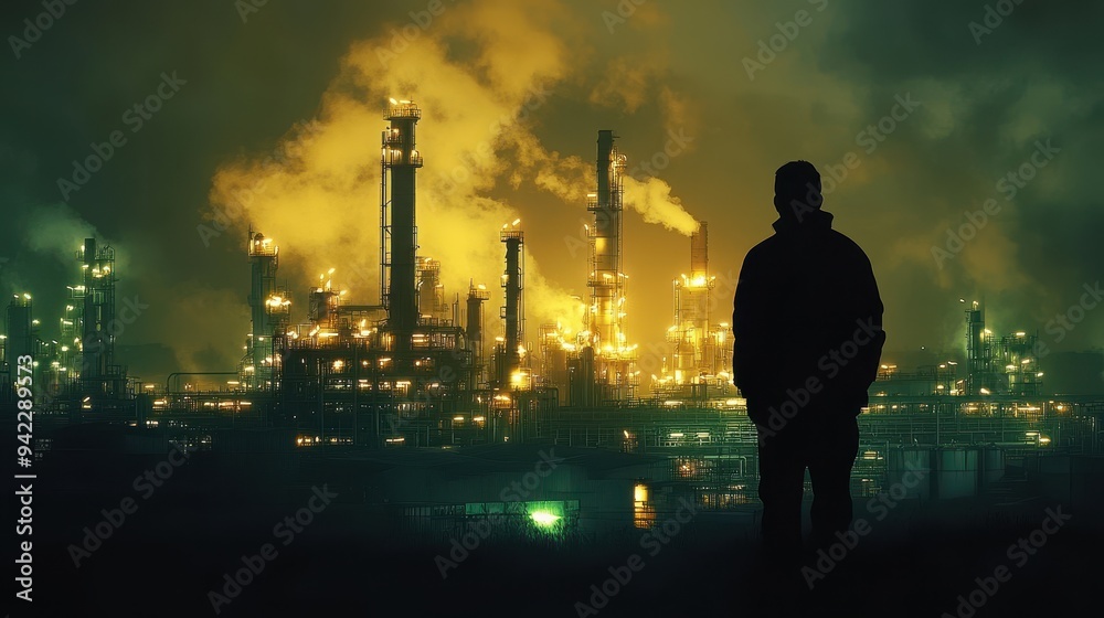 Silhouette of Man Against Industrial Night Sky Silhouette of Man Against Industrial Night Sky