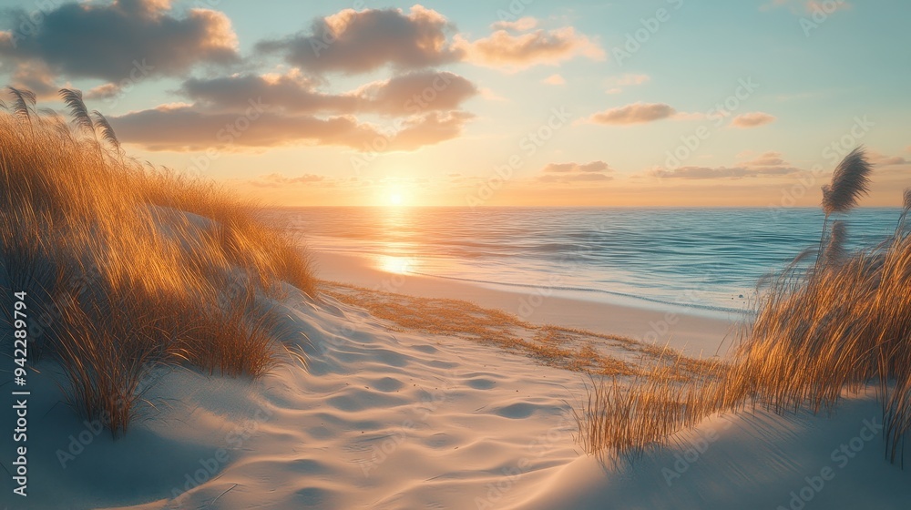 Golden Sunset Over Sandy Beach with Grass and Ocean Waves Golden Sunset Over Sandy Beach with Grass and Ocean Waves