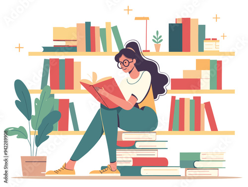 Girl reading books in library. Book lover concept. Colorful Flat design illustration