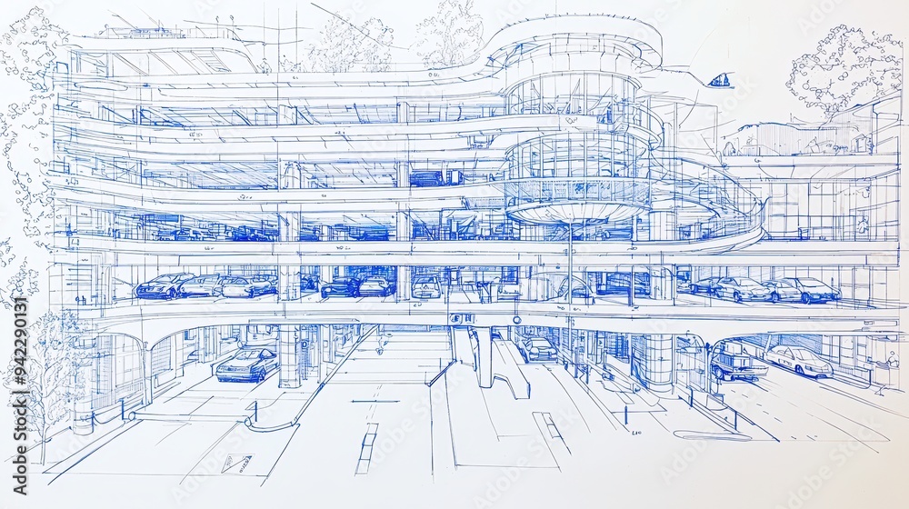 Hand drawn blueprint sketch of a multi level parking garage with cars Hand drawn blueprint sketch of a multi level parking garage with cars