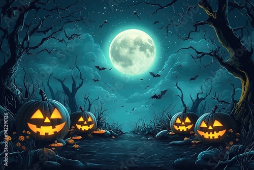 Halloween theme with pumpkins and dark forest. Scary Halloween design on table. Jack-o-lantern on the dark forest