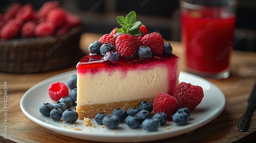 Cheesecake Slice with Fresh Berries and Mint Cheesecake Slice with Fresh Berries and Mint