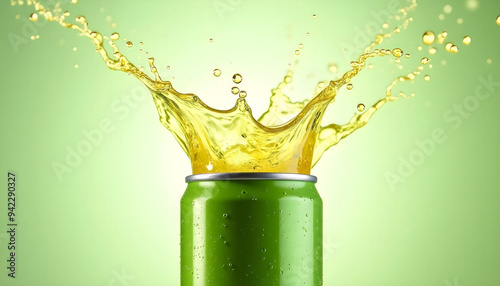 Green Soda Can with Liquid Splash, Photo Realistic, Wallpaper, Cover and Screen for Smartphone, PC, Laptop, 16:9 Format