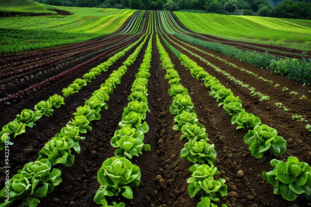 Drone view of crop rotation patterns, showcasing sustainable farming practices. Drone view of crop rotation patterns, showcasing sustainable farming practices.