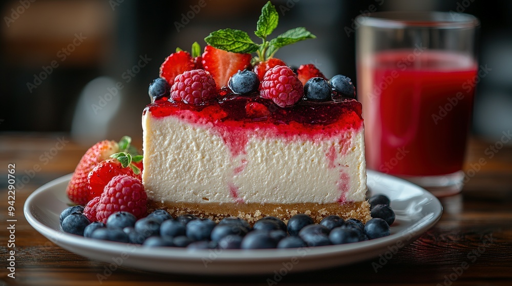 Cheesecake with Berries and Red Glaze on a White Plate Cheesecake with Berries and Red Glaze on a White Plate