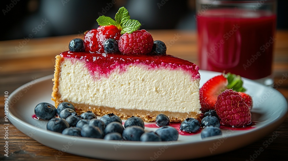 Cheesecake Slice Topped with Raspberries, Blueberries, and Mint Cheesecake Slice Topped with Raspberries, Blueberries, and Mint
