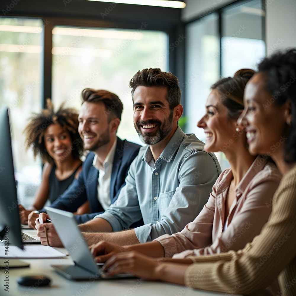 Photo-realistic image of a modern office environment with a diverse group of happy and engaged people working together. Photo-realistic image of a modern office environment with a diverse group of happy and engaged people working together.