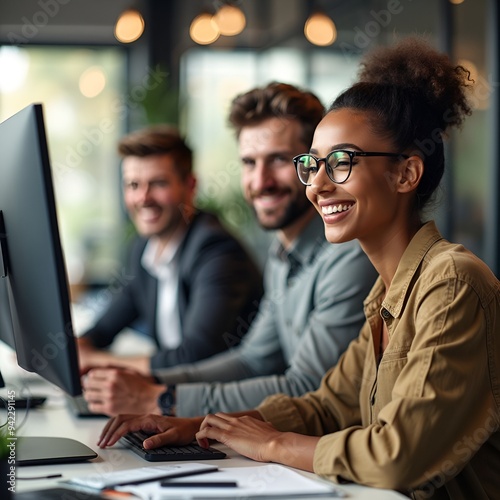 Photo-realistic image of a modern office environment with a diverse group of happy and engaged people working together.