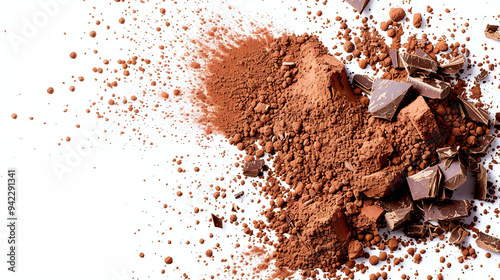 a burst of cocoa powder on white background