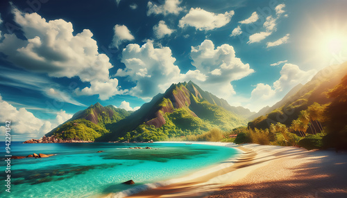 A serene tropical beach with emerald waters and lush mountains under a clear sky. 