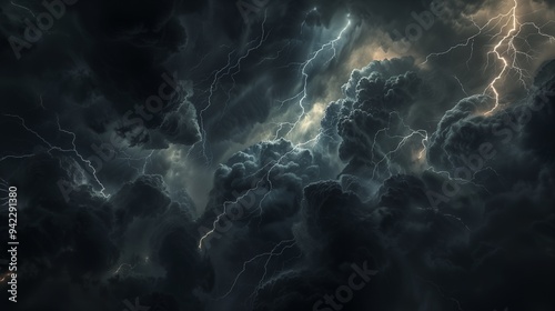 Dramatic storm clouds with lightning illuminating the dark sky.