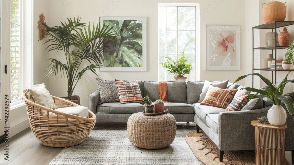 Bright and Inviting: Stylish Living Room with Gray Sofa and Rattan Accents Bright and Inviting: Stylish Living Room with Gray Sofa and Rattan Accents