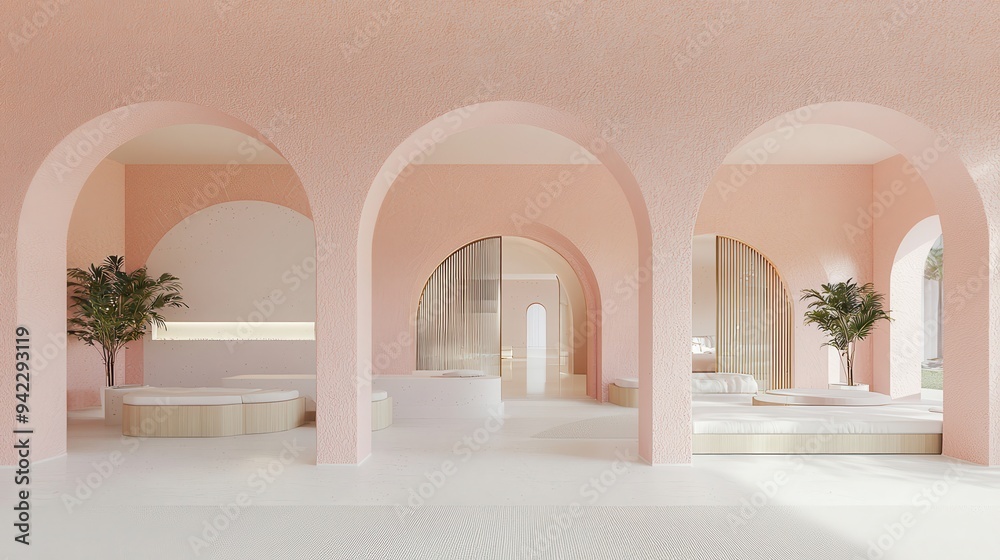 Modern Minimalist Pink Arch Interior Design with White Floor and Green Plants Modern Minimalist Pink Arch Interior Design with White Floor and Green Plants