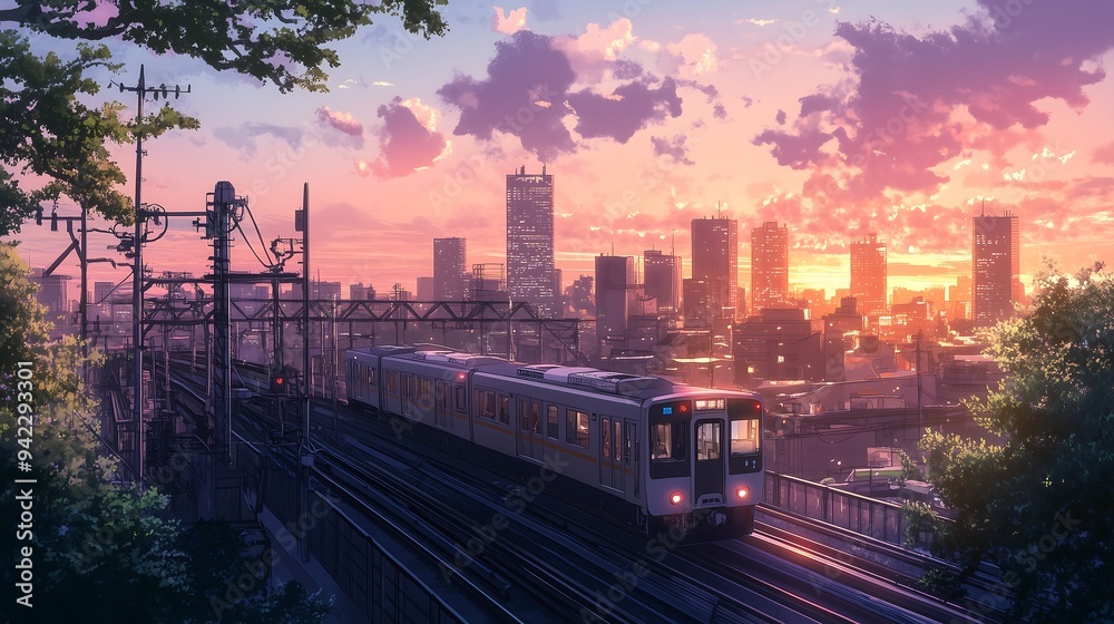 anime city landscape with train anime city landscape with train