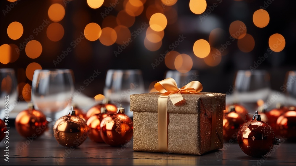 image of Christmas background decorated with red gifts placed on table against dark background with blurred christmas tree image of Christmas background decorated with red gifts placed on table against dark background with blurred christmas tree