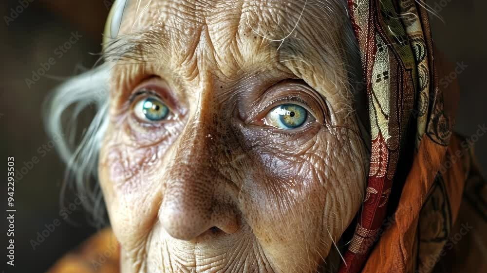 An elderly woman gazes thoughtfully, her striking blue eyes reflecting a lifetime of stories. Dressed in a colorful scarf, she embodies wisdom and resilience An elderly woman gazes thoughtfully, her striking blue eyes reflecting a lifetime of stories. Dressed in a colorful scarf, she embodies wisdom and resilience