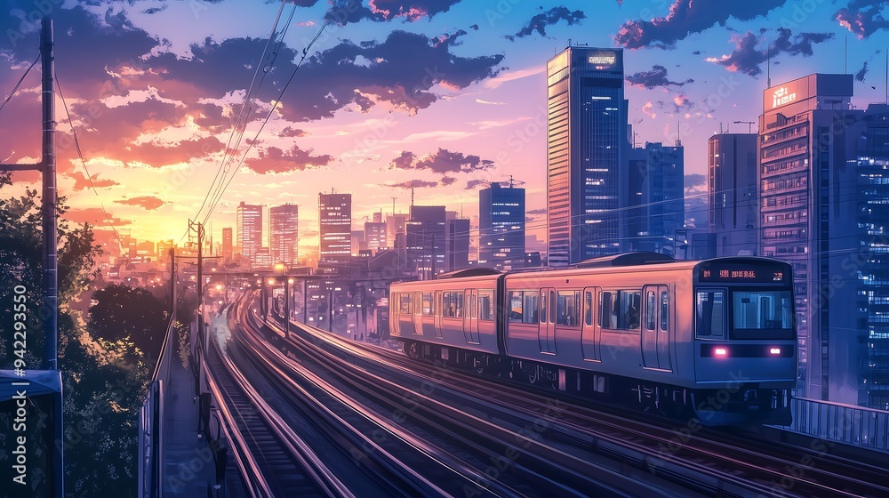 Fototapeta premium anime city landscape with train
