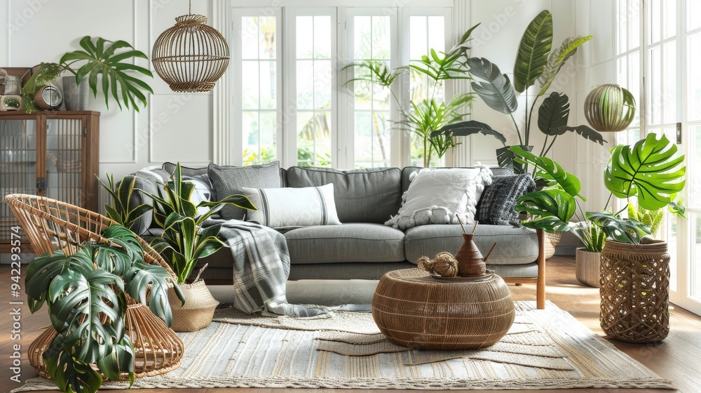 Chic Oasis: Stylish Living Room with Gray Sofa and Rattan Accents Chic Oasis: Stylish Living Room with Gray Sofa and Rattan Accents
