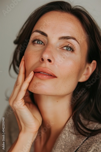 Portrait of happy 40 years old woman with opened eyes and beautiful healthy skin. Close-up portrait over grey background. Psychology and feminine health concept.