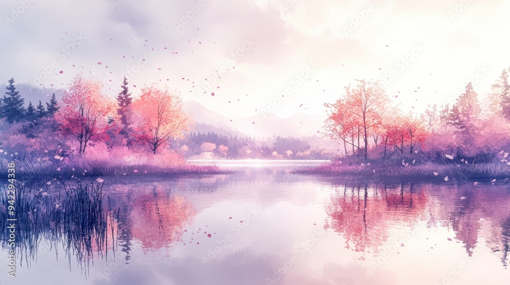 Tranquil Pink Lake with Autumn Trees and Falling Leaves Tranquil Pink Lake with Autumn Trees and Falling Leaves