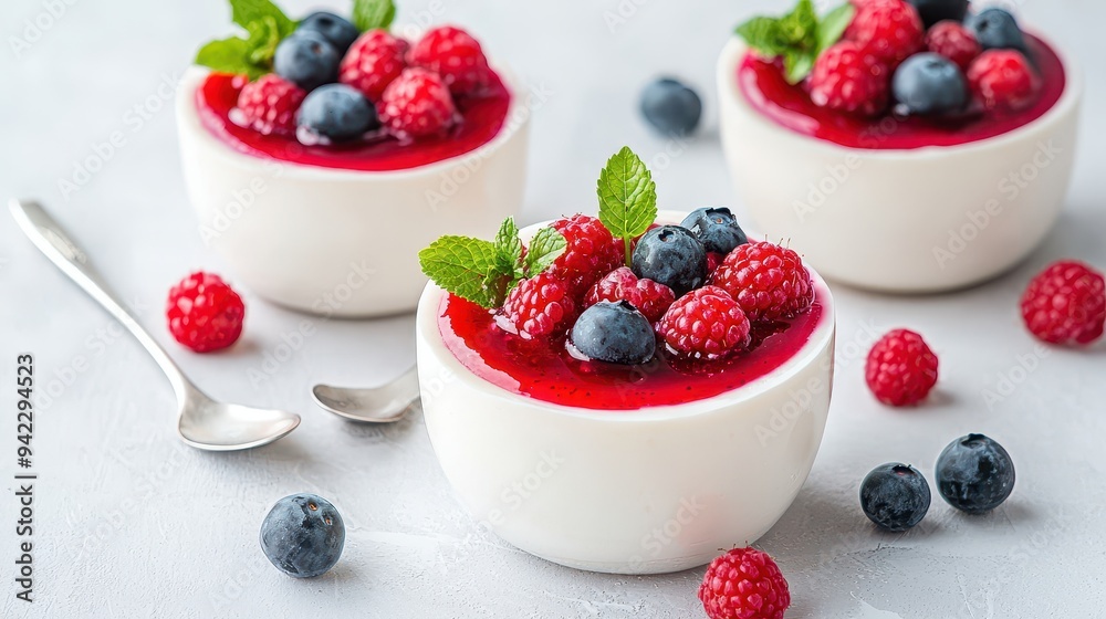 Delicious Raspberry and Blueberry Dessert in White Bowls Delicious Raspberry and Blueberry Dessert in White Bowls