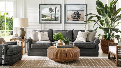 Modern Elegance with a Tropical Twist: Stylish Living Room with Gray Sofa and Rattan Accents