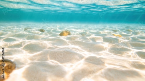 Tropical Serenity, a tranquil scene of Hawaii's vibrant blue ocean, soft white sands, and smooth underwater stones, inviting relaxation and a sense of calm.