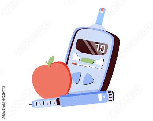Diabetes illustration set. Check blood sugar level with glucometer and diabetic insulin pump. Diabetes receiving