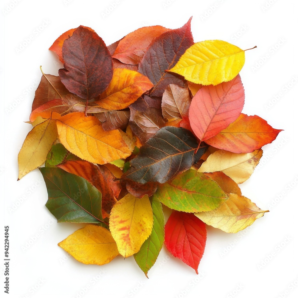 A pile of colorful autumn leaves isolated on white background.