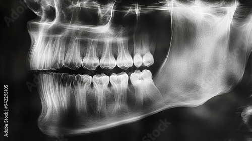 Panoramic dental x-ray showing all of the teeth in a jawbone