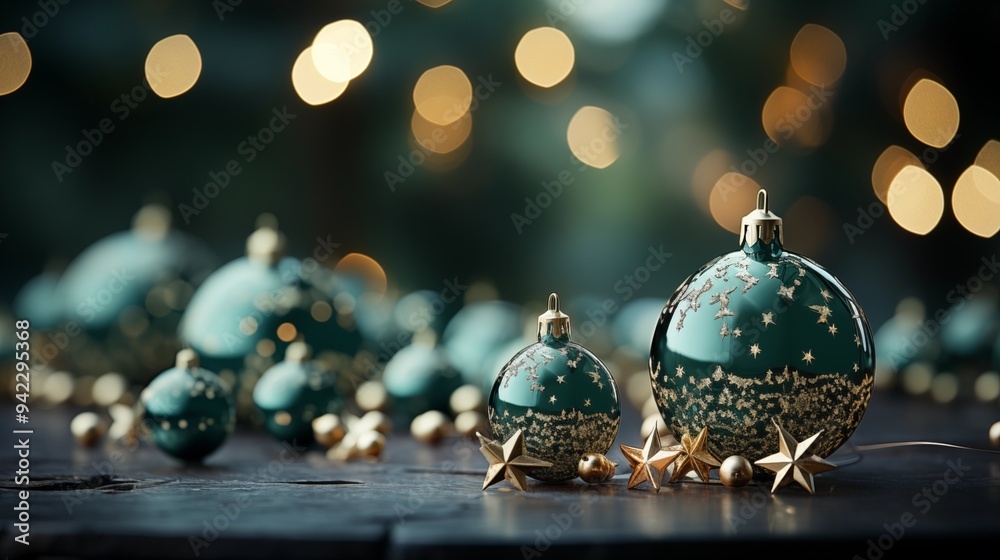image of green Christmas tree decorated with bright balls and star placed on table against glowing green background image of green Christmas tree decorated with bright balls and star placed on table against glowing green background