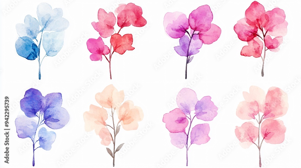 Naklejka premium Watercolor Floral Delights: A delicate collection of eight watercolor floral sprigs in various pastel hues, perfect for adding a touch of elegance and whimsy to your designs. 