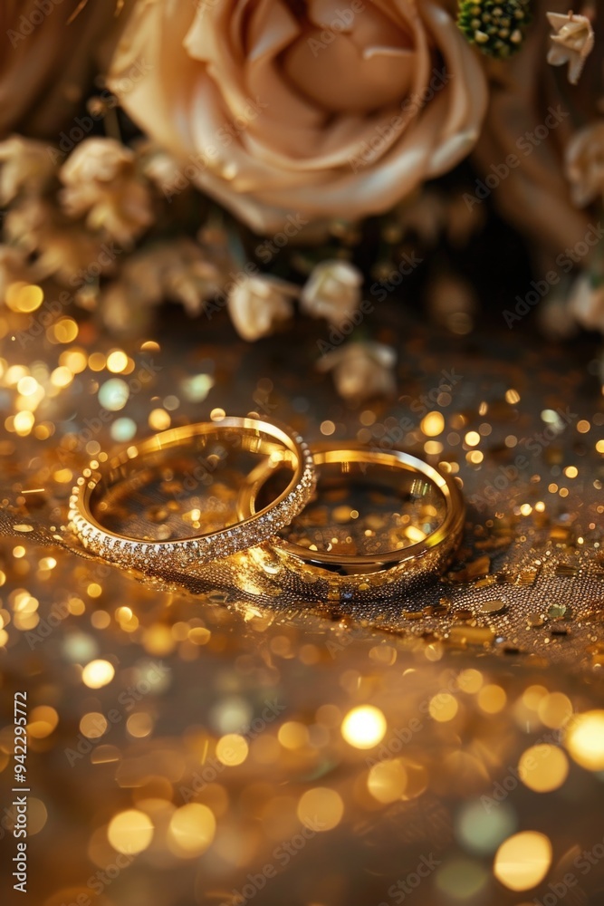 Two 24k gold wedding rings placed on a wooden table, perfect for wedding or anniversary imagery Two 24k gold wedding rings placed on a wooden table, perfect for wedding or anniversary imagery