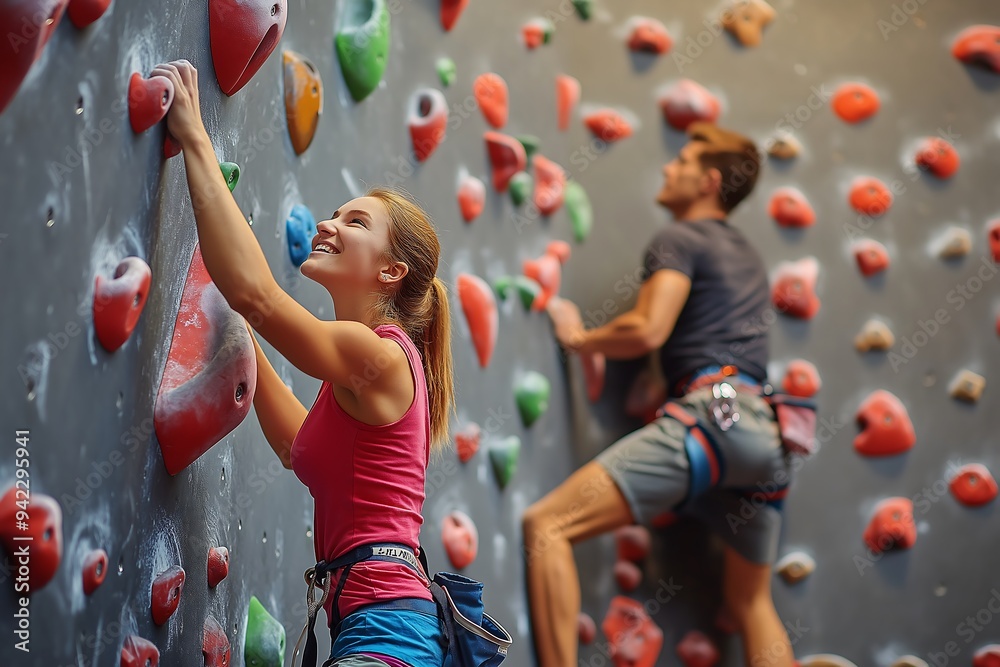 Fototapeta premium fitness, extreme sport and healthy lifestyle concept - young man and woman bouldering on a rock climbing wall at indoor gym
