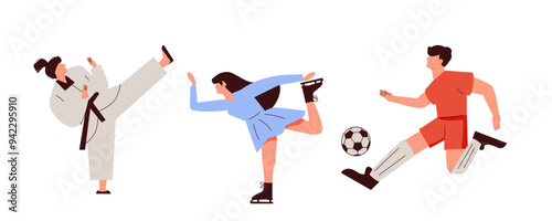 Linear vector isolated illustration set of sport and leisure people. Cycling experiences, Adventure sport motorsport