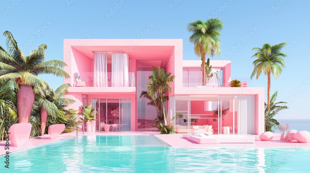 Fototapeta premium Pink Modern Villa with Swimming Pool and Palm Trees