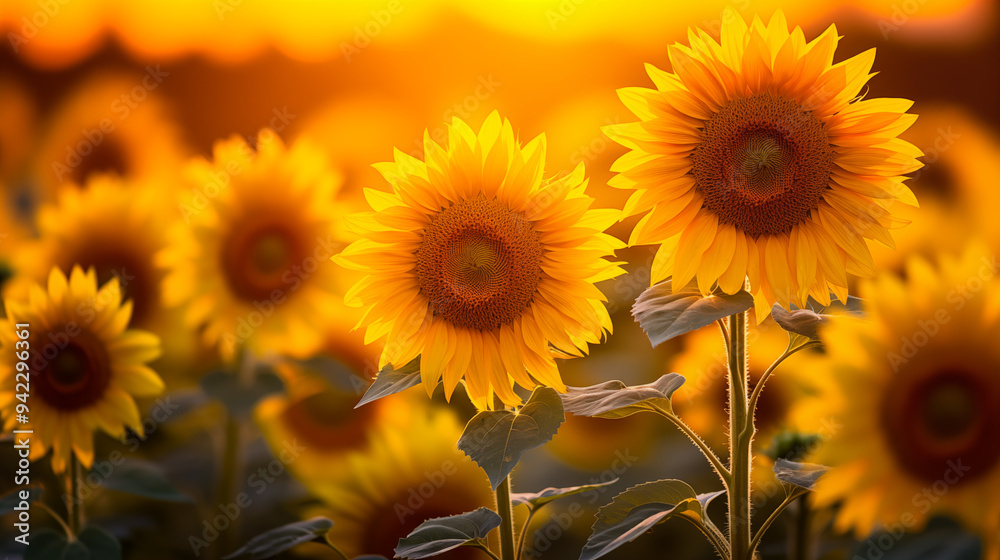 Fototapeta premium Sunflowers Standing Tall Under Warm Golden Sunset in Vast Field