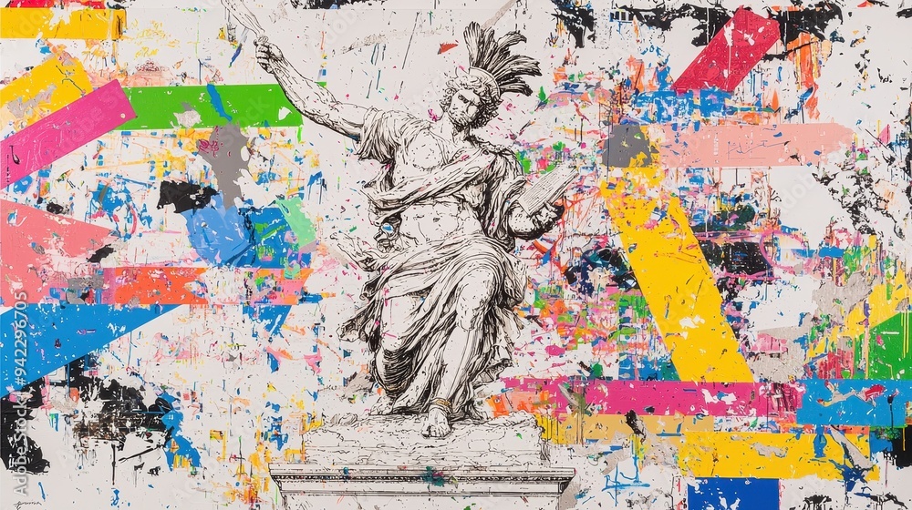Fototapeta premium Abstract Art with Statue and Colorful Splashes