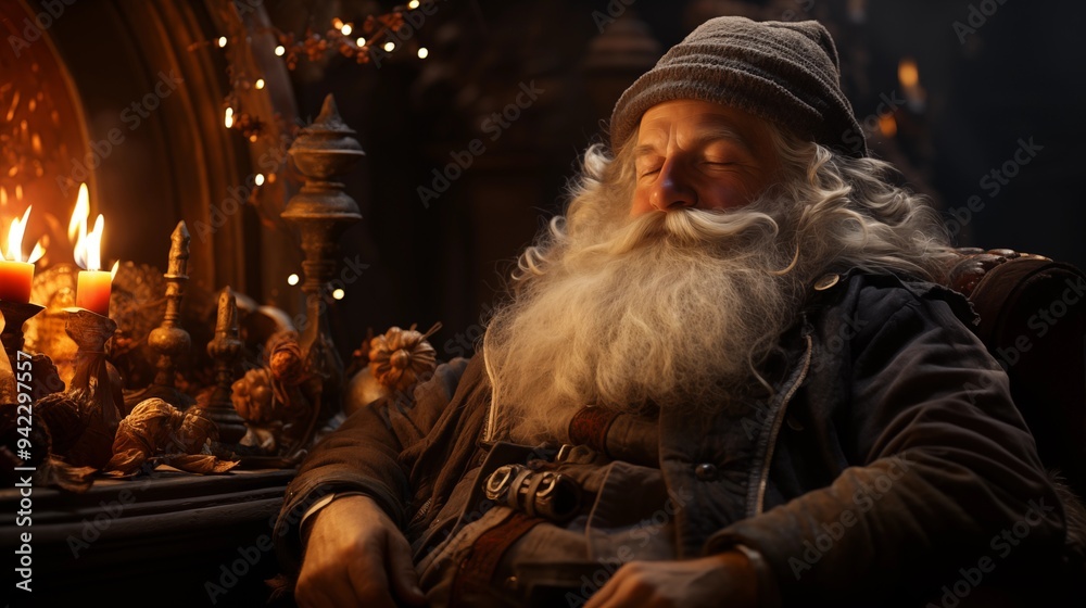 Image of kind and serene Santa sleeping next to the fireplace Image of kind and serene Santa sleeping next to the fireplace