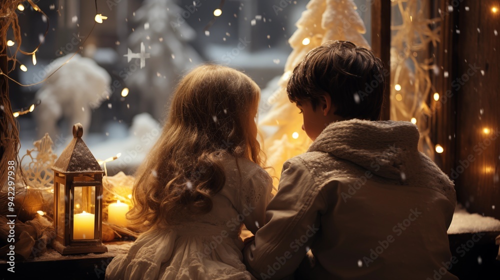 Image of Little anonymous kids at Christmas decorated home looking though the window to the frozen winter landscape Image of Little anonymous kids at Christmas decorated home looking though the window to the frozen winter landscape