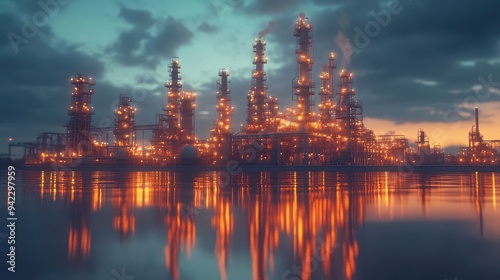 Industrial Refinery Silhouette at Dusk with Water Reflection