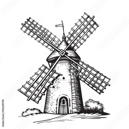 Hand drawn landscape wind with mill. Vector illustrration