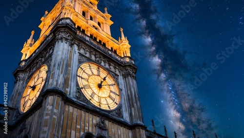 Wallpaper Mural Majestic view of a clock tower illuminated against a starry night, showcasing the Milky Way. Perfect for travel and architectural themes. Torontodigital.ca