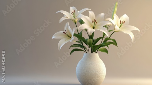 White Lilies in a White Vase on a Beige Background