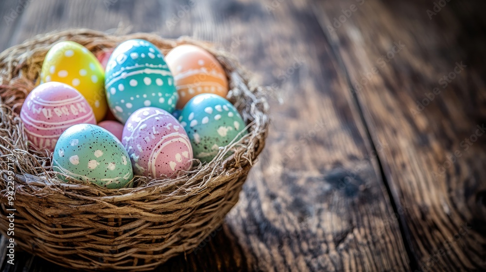 colorful easter eggs in basket . With copy space colorful easter eggs in basket . With copy space