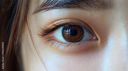 Beautiful brown Asian Eye Close Up. Female sight closeup. Girl blink, looking, macro view. photo