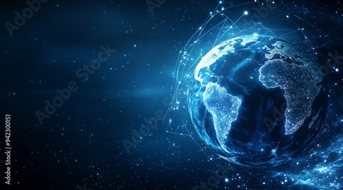 An imaginative and abstract representation of a connected and brilliantly glowing digital globe, showcasing various futuristic elements and ethereal cosmic energy within a vibrant blue ambiance